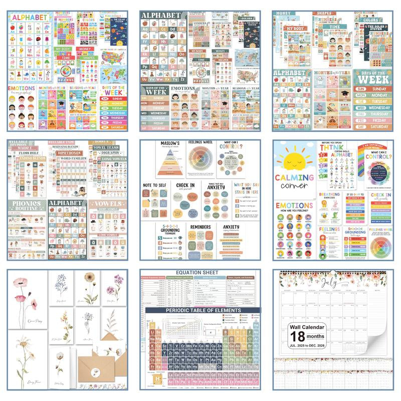 [Back to School 2025] 12 Calming Corner Posters 10X14 Feelings Wheel Emotions Chart for Kids Durable Laminated Classroom Homeschool Decor for Emotional Regulation