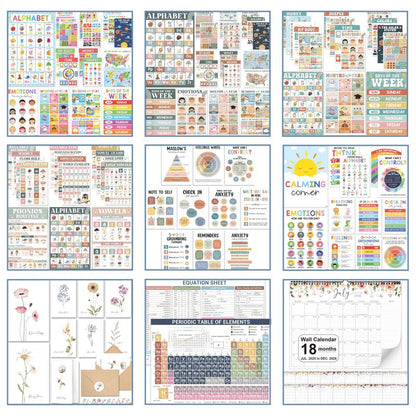 [Back to School 2025] 12 Calming Corner Posters 10X14 Feelings Wheel Emotions Chart for Kids Durable Laminated Classroom Homeschool Decor for Emotional Regulation