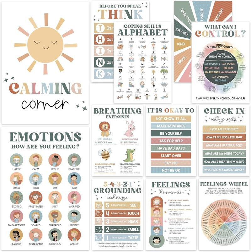 [Back to School 2025] 12 Calming Corner Posters 10X14 Feelings Wheel Emotions Chart for Kids Durable Laminated Classroom Homeschool Decor for Emotional Regulation