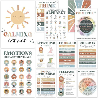 [Back to School 2025] 12 Calming Corner Posters 10X14 Feelings Wheel Emotions Chart for Kids Durable Laminated Classroom Homeschool Decor for Emotional Regulation