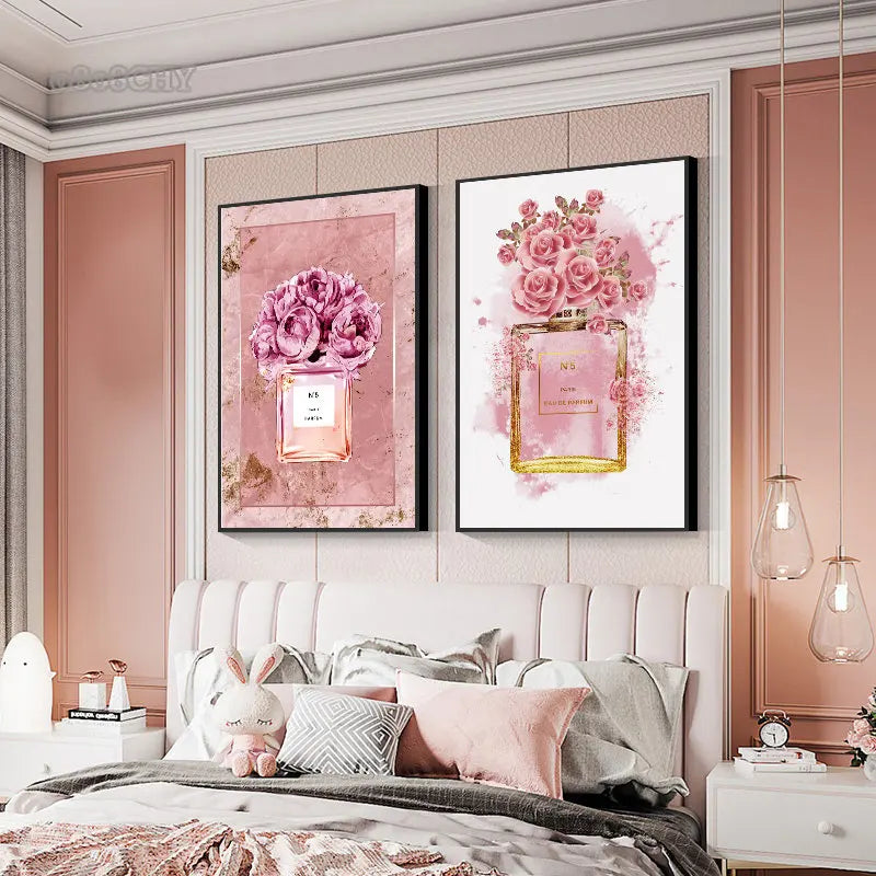 Fashion Pink Floral Perfume Canvas Painting Posters and Print Modern Luxury Home Girl Room Decoration Painting Cuadros Wall Art