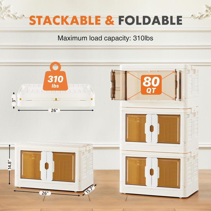 Stackable Plastic Storage Bins with Lid - 23QT Foldable Organizers and Storage with Magnetic Doors & Lockable Wheels, Collapsible Storage Boxes