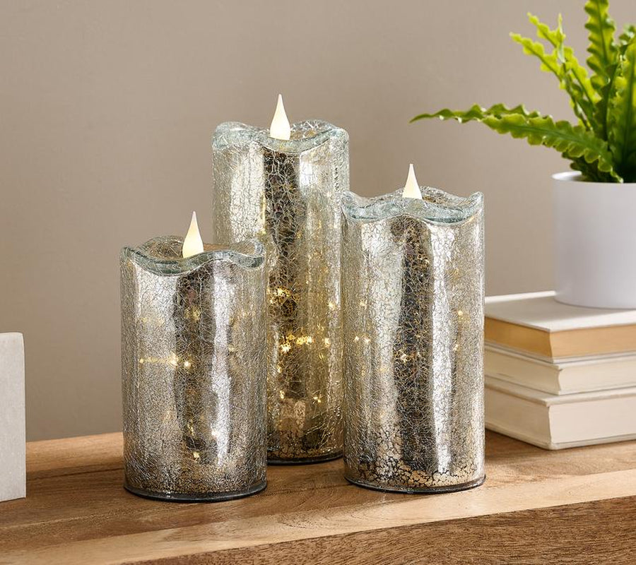 Set of 3 Illuminated Crackle Glass Candles by Valerie