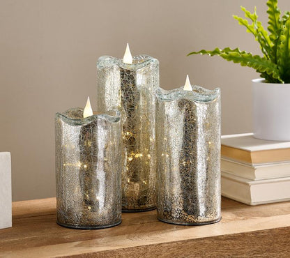 Set of 3 Illuminated Crackle Glass Candles by Valerie