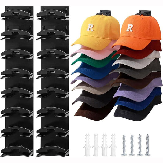 2 Pack Hat Organizer for Baseball Caps, Hat Rack for Wall with Strong Adhesive, Wall Mounted Hat Hooks Hold up to 16 Hats for Closet Door and Bedroom (12.6X2.3 Inch)