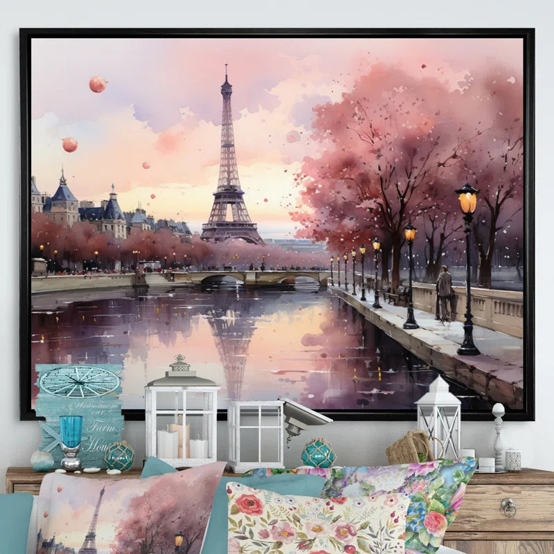Pink Twilight Rendezvous in Paris II - Eiffel Tower Painting Print, Paris Canvas Art Print