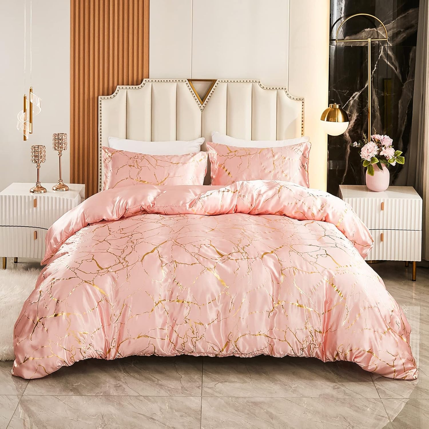 Pink Bedding Set Pink Satin Duvet Cover Set King Size 3 Pcs Girls Pink Metallic Marble Design Luxurious Silky Bedding Queen 1 Duvet Cover 2 Pillowcases (Queen, Pink)