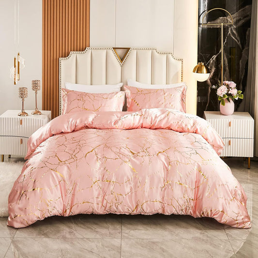 Pink Bedding Set Pink Satin Duvet Cover Set King Size 3 Pcs Girls Pink Metallic Marble Design Luxurious Silky Bedding Queen 1 Duvet Cover 2 Pillowcases (Queen, Pink)