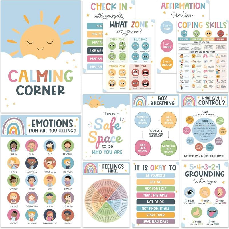 [Back to School 2025] 12 Calming Corner Posters 10X14 Feelings Wheel Emotions Chart for Kids Durable Laminated Classroom Homeschool Decor for Emotional Regulation