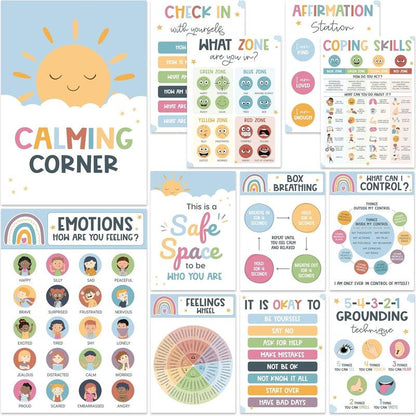 [Back to School 2025] 12 Calming Corner Posters 10X14 Feelings Wheel Emotions Chart for Kids Durable Laminated Classroom Homeschool Decor for Emotional Regulation