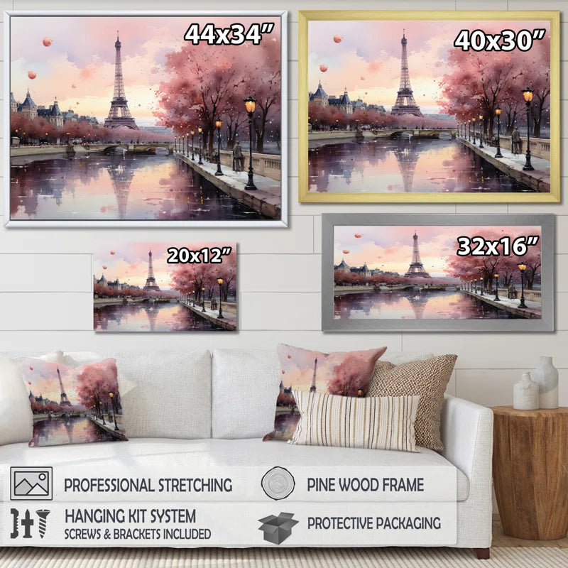 Pink Twilight Rendezvous in Paris II - Eiffel Tower Painting Print, Paris Canvas Art Print