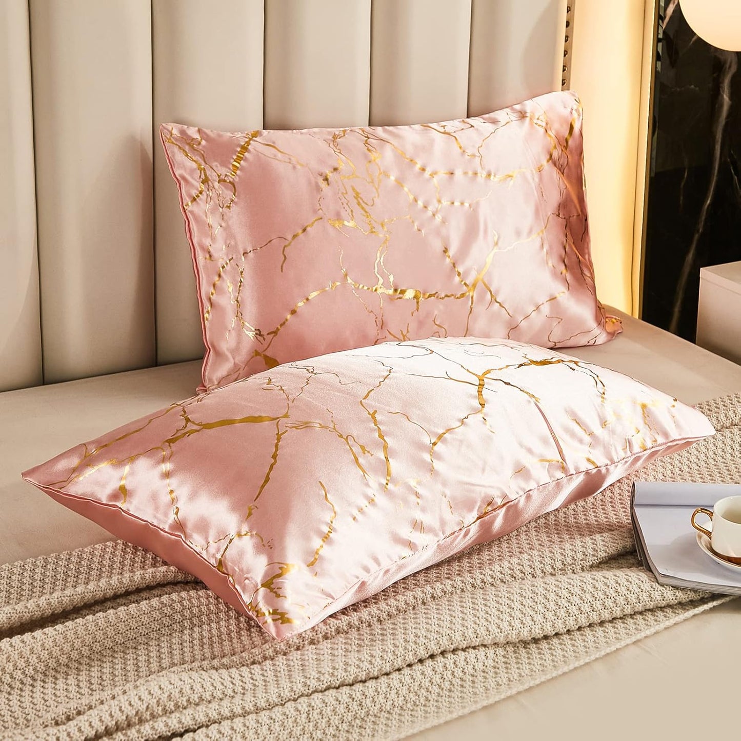 Pink Bedding Set Pink Satin Duvet Cover Set King Size 3 Pcs Girls Pink Metallic Marble Design Luxurious Silky Bedding Queen 1 Duvet Cover 2 Pillowcases (Queen, Pink)