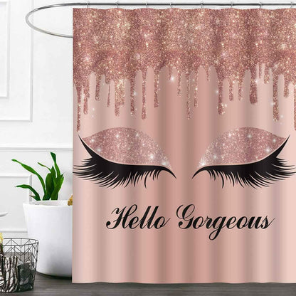 Hello Gorgeous Shower Curtain Set, Rose Gold Twinkle Drips Chic Unicorn Eyelash (No Glitter) Girl Bathroom Shower Curtains, 72 X72 Inch Bathtub Showers Washable Fabric with 12 Hooks, YLLSSD1715