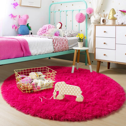 Hot Pink round Rugs 5Ft for Girls Bedroom, Fluffy Circle Area Rug for Kids Room Decor Aesthetic, Shag Plush Fuzzy Furry Carpet for Living Room, Nursery, Dorm, Classroom, Teen, Cute Baby Barbie Rug