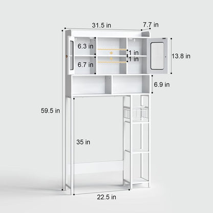 SULIVES above Toilet Storage Rack with Cabinet, Sliding Barn Door, Side Storage Rack, Bathroom Organizer with Hooks for Bathroom, Laundry Room, White Shelf Organization