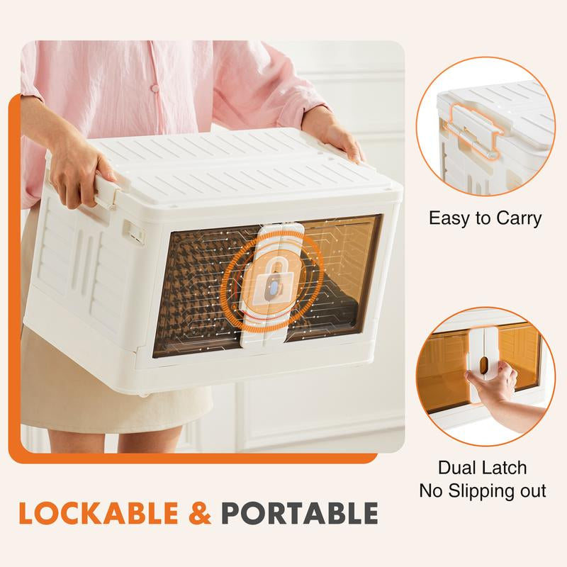 Stackable Plastic Storage Bins with Lid - 23QT Foldable Organizers and Storage with Magnetic Doors & Lockable Wheels, Collapsible Storage Boxes