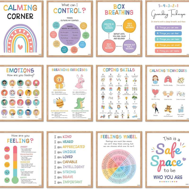 [Back to School 2025] 12 Calming Corner Posters 10X14 Feelings Wheel Emotions Chart for Kids Durable Laminated Classroom Homeschool Decor for Emotional Regulation