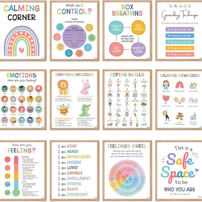 [Back to School 2025] 12 Calming Corner Posters 10X14 Feelings Wheel Emotions Chart for Kids Durable Laminated Classroom Homeschool Decor for Emotional Regulation