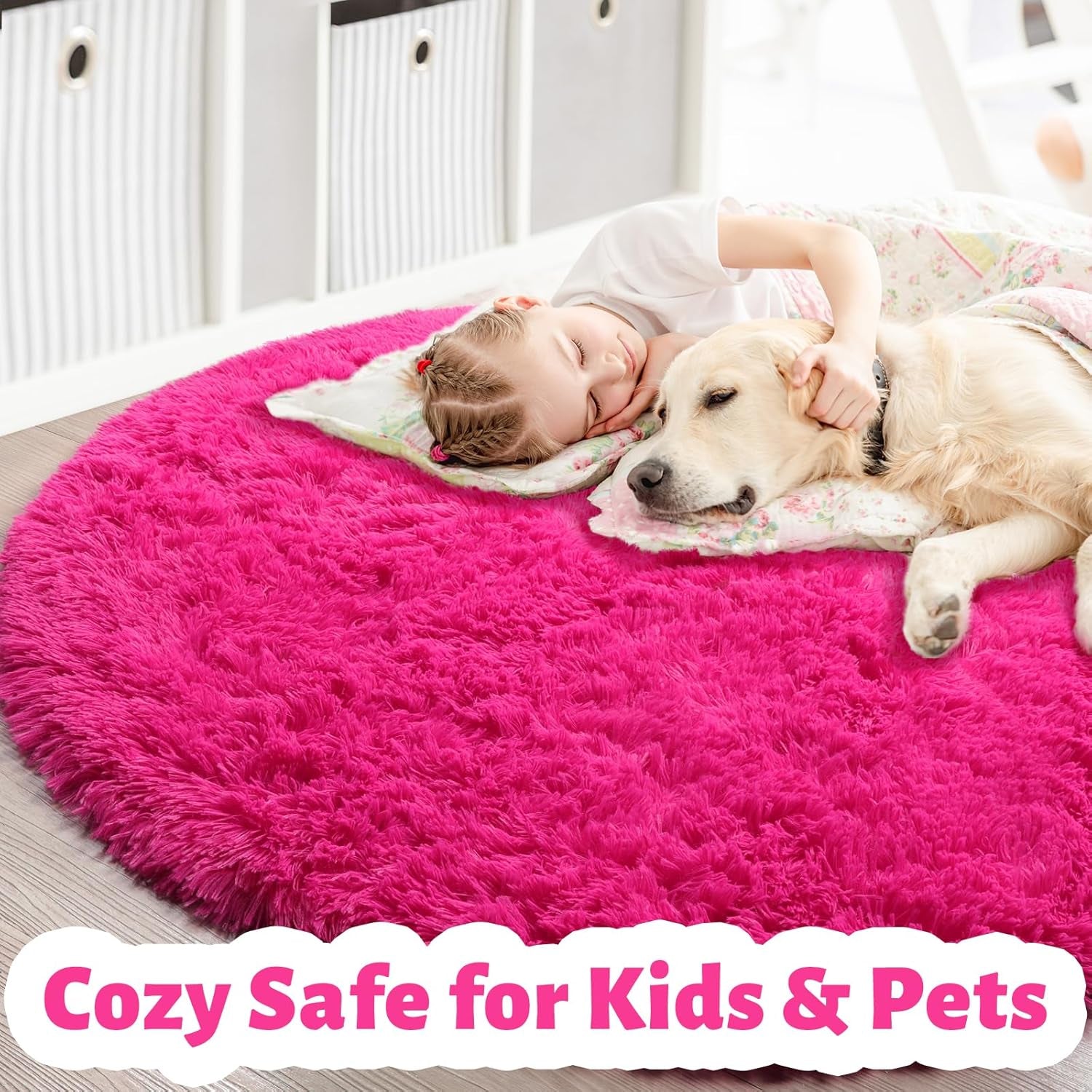 Hot Pink round Rugs 5Ft for Girls Bedroom, Fluffy Circle Area Rug for Kids Room Decor Aesthetic, Shag Plush Fuzzy Furry Carpet for Living Room, Nursery, Dorm, Classroom, Teen, Cute Baby Barbie Rug