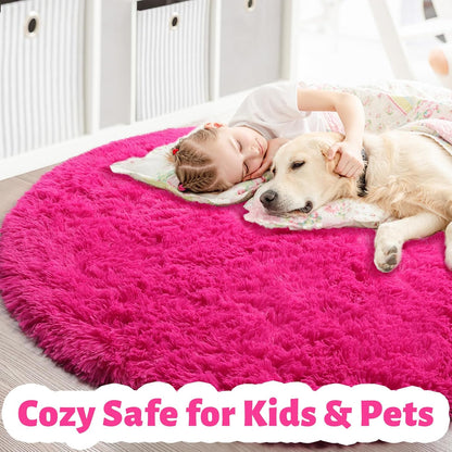 Hot Pink round Rugs 5Ft for Girls Bedroom, Fluffy Circle Area Rug for Kids Room Decor Aesthetic, Shag Plush Fuzzy Furry Carpet for Living Room, Nursery, Dorm, Classroom, Teen, Cute Baby Barbie Rug