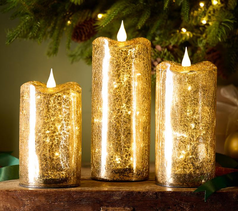 Set of 3 Illuminated Crackle Glass Candles by Valerie