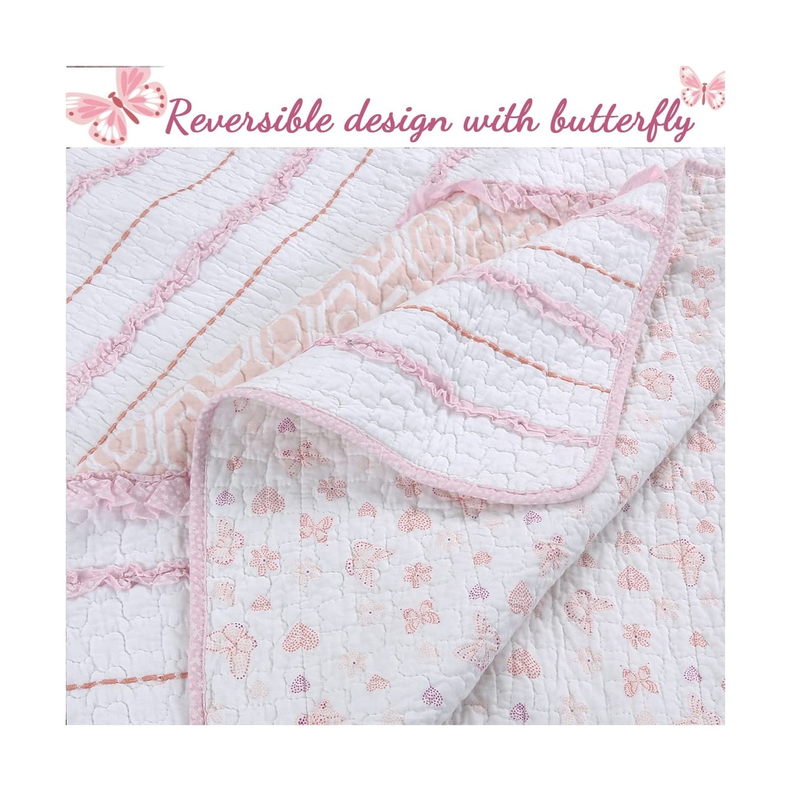 Cozy Line Home Fashions Pink Girly Ruffle Butterfly Reversible 100% Cotton So...
