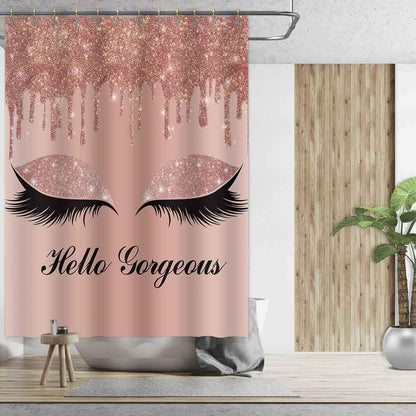 Hello Gorgeous Shower Curtain Set, Rose Gold Twinkle Drips Chic Unicorn Eyelash (No Glitter) Girl Bathroom Shower Curtains, 72 X72 Inch Bathtub Showers Washable Fabric with 12 Hooks, YLLSSD1715