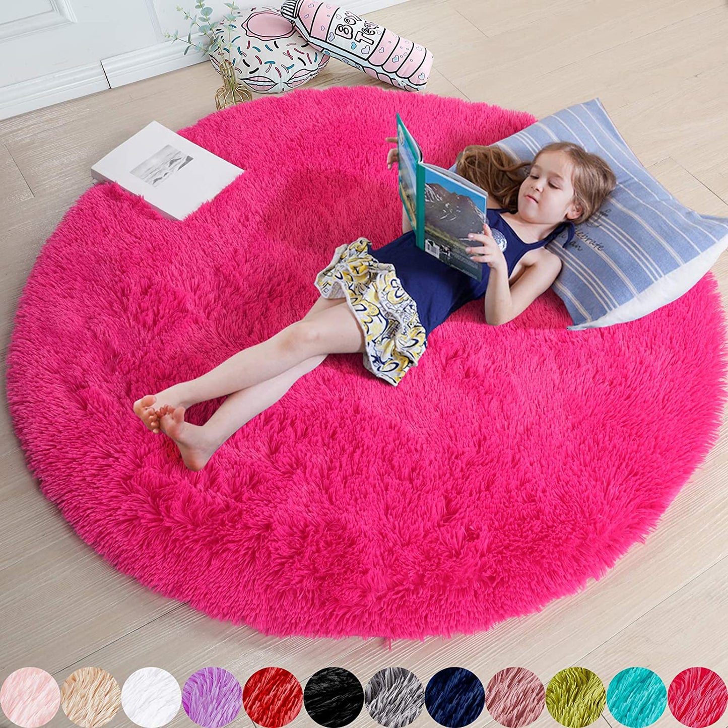 Hot Pink round Rugs 5Ft for Girls Bedroom, Fluffy Circle Area Rug for Kids Room Decor Aesthetic, Shag Plush Fuzzy Furry Carpet for Living Room, Nursery, Dorm, Classroom, Teen, Cute Baby Barbie Rug