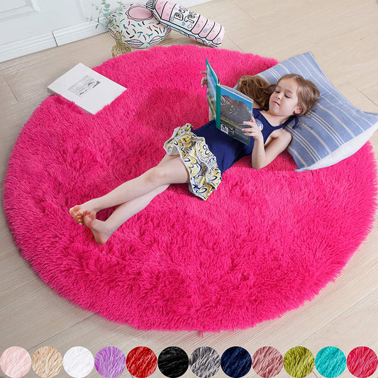 Hot Pink round Rugs 5Ft for Girls Bedroom, Fluffy Circle Area Rug for Kids Room Decor Aesthetic, Shag Plush Fuzzy Furry Carpet for Living Room, Nursery, Dorm, Classroom, Teen, Cute Baby Barbie Rug