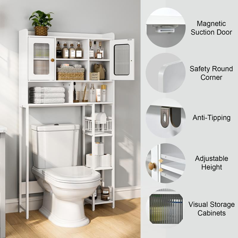 SULIVES above Toilet Storage Rack with Cabinet, Sliding Barn Door, Side Storage Rack, Bathroom Organizer with Hooks for Bathroom, Laundry Room, White Shelf Organization