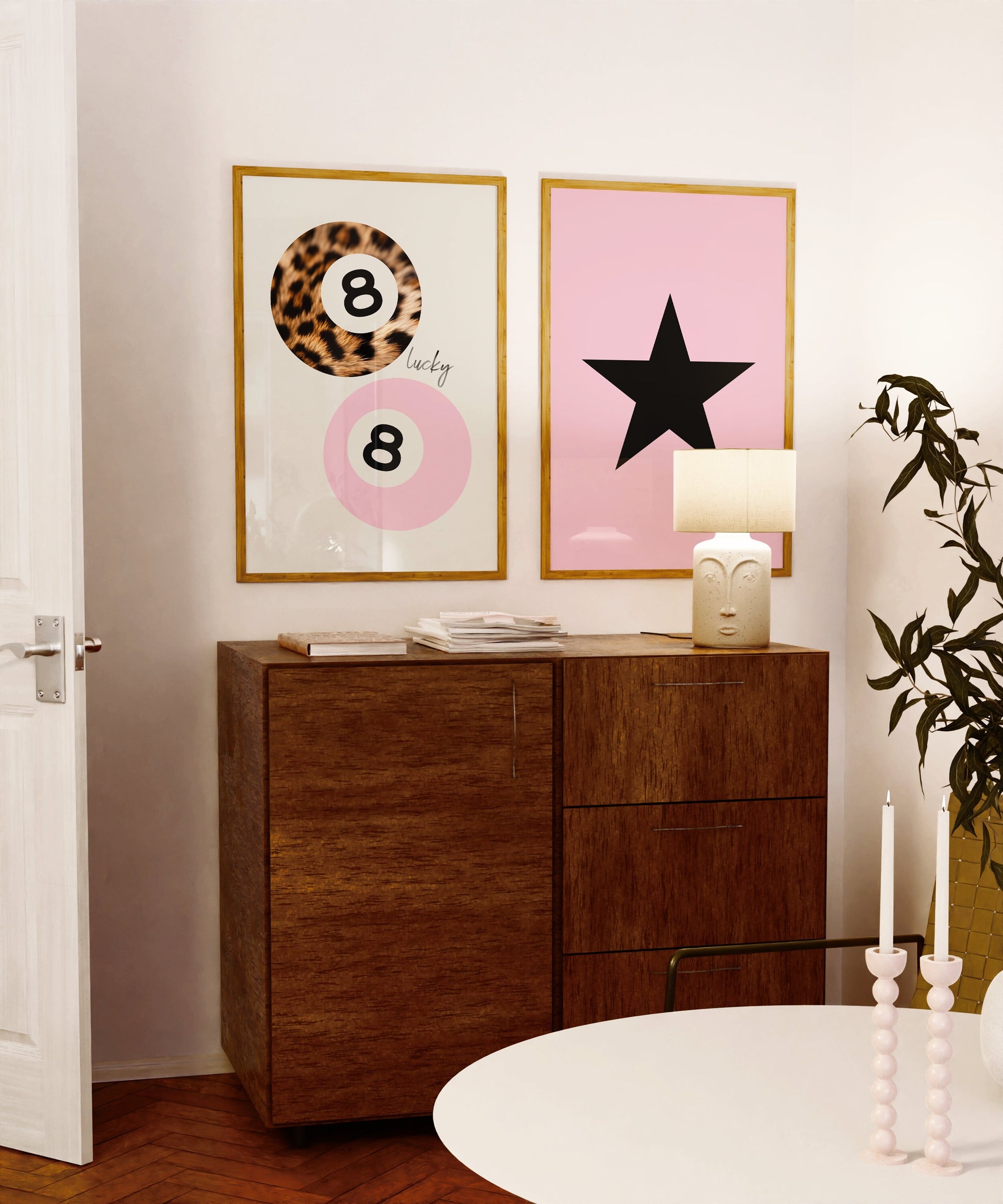 8 Ball Leopard Print, Retro Star Girl Poster, Trendy Lucky Girl Wall Art, Funky Y2K Aesthetic Apartment Decor, Pink Girly Bedroom Artwork